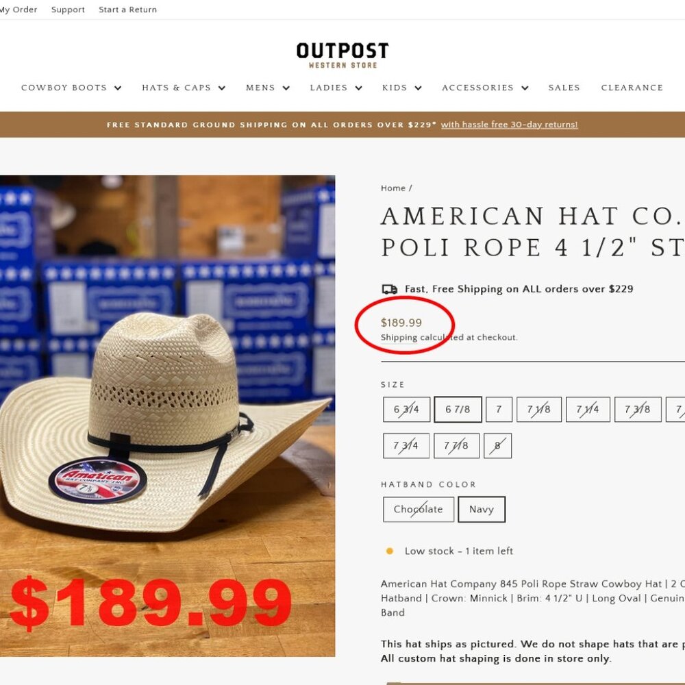 American Hat Company **845 POLI ROPE!** Cowboy Hat (Store Price $190.00)